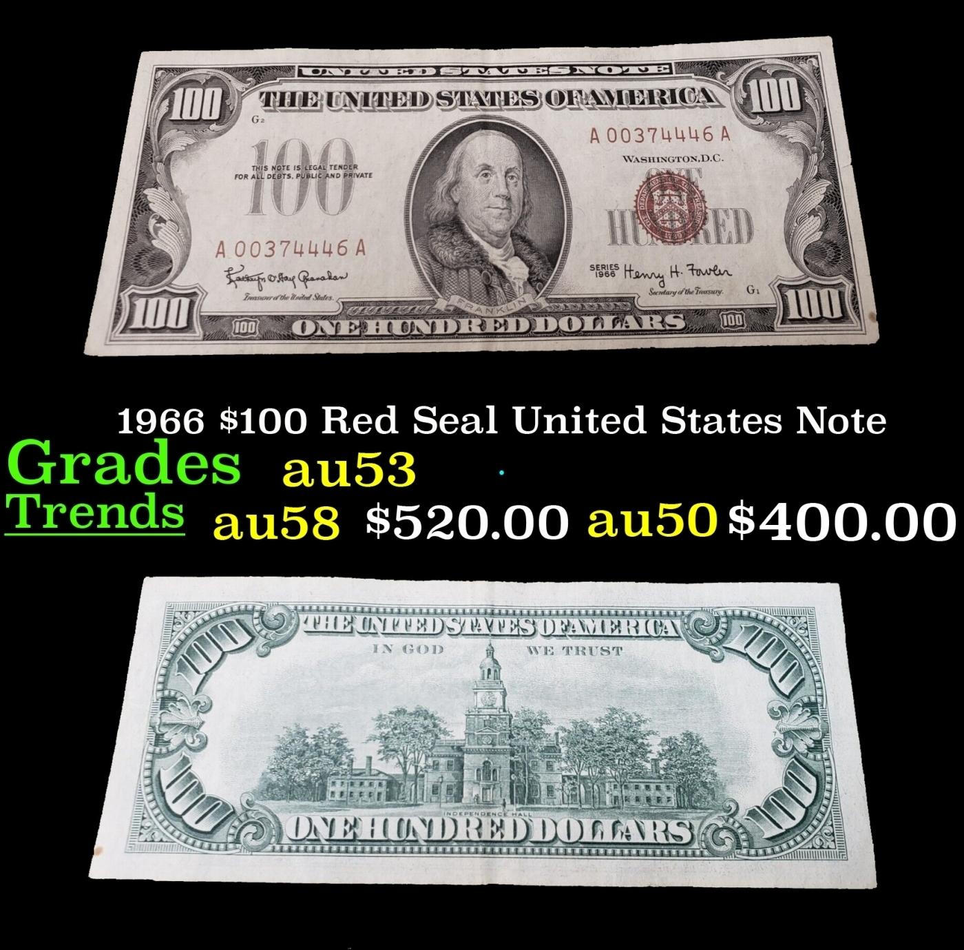 1966 $100 Red Seal United States Note Grades Select AU