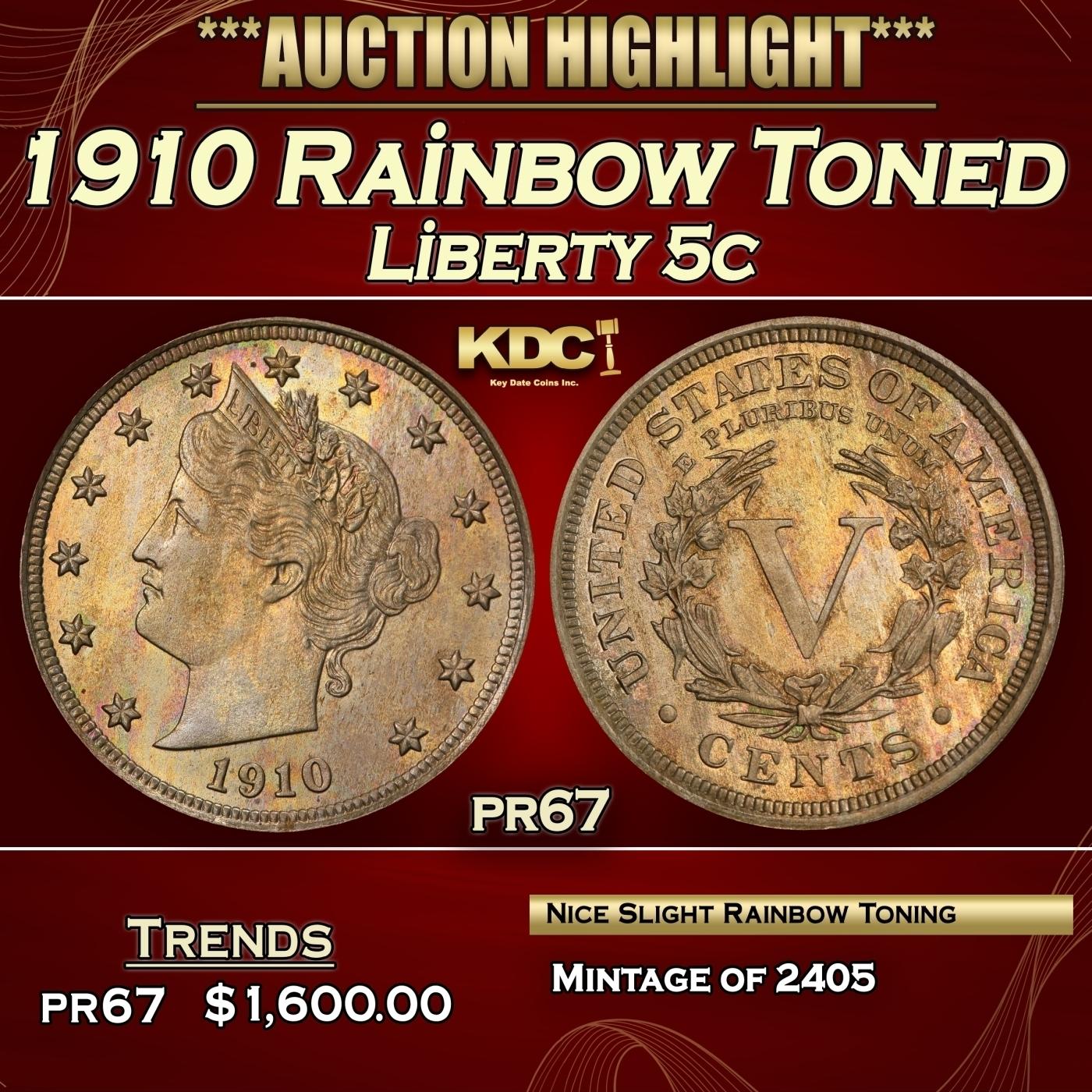 1910 Proof Liberty Nickel Rainbow Toned 5c pr67 SEGS