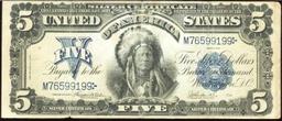 1899 $5 Large Size Silver Certificate Oncpapa Indian Chief  Grades xf Signatures Teehee/Burke