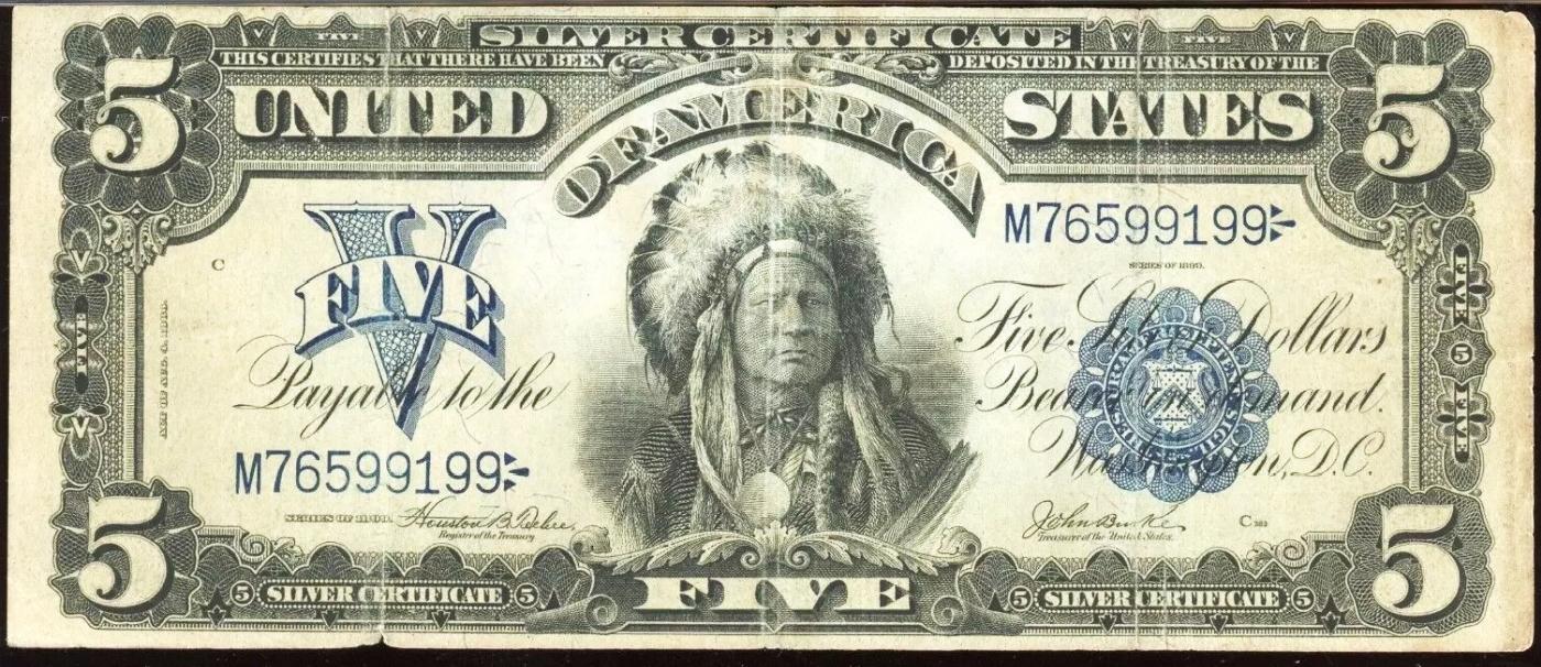 1899 $5 Large Size Silver Certificate Oncpapa Indian Chief  Grades xf Signatures Teehee/Burke