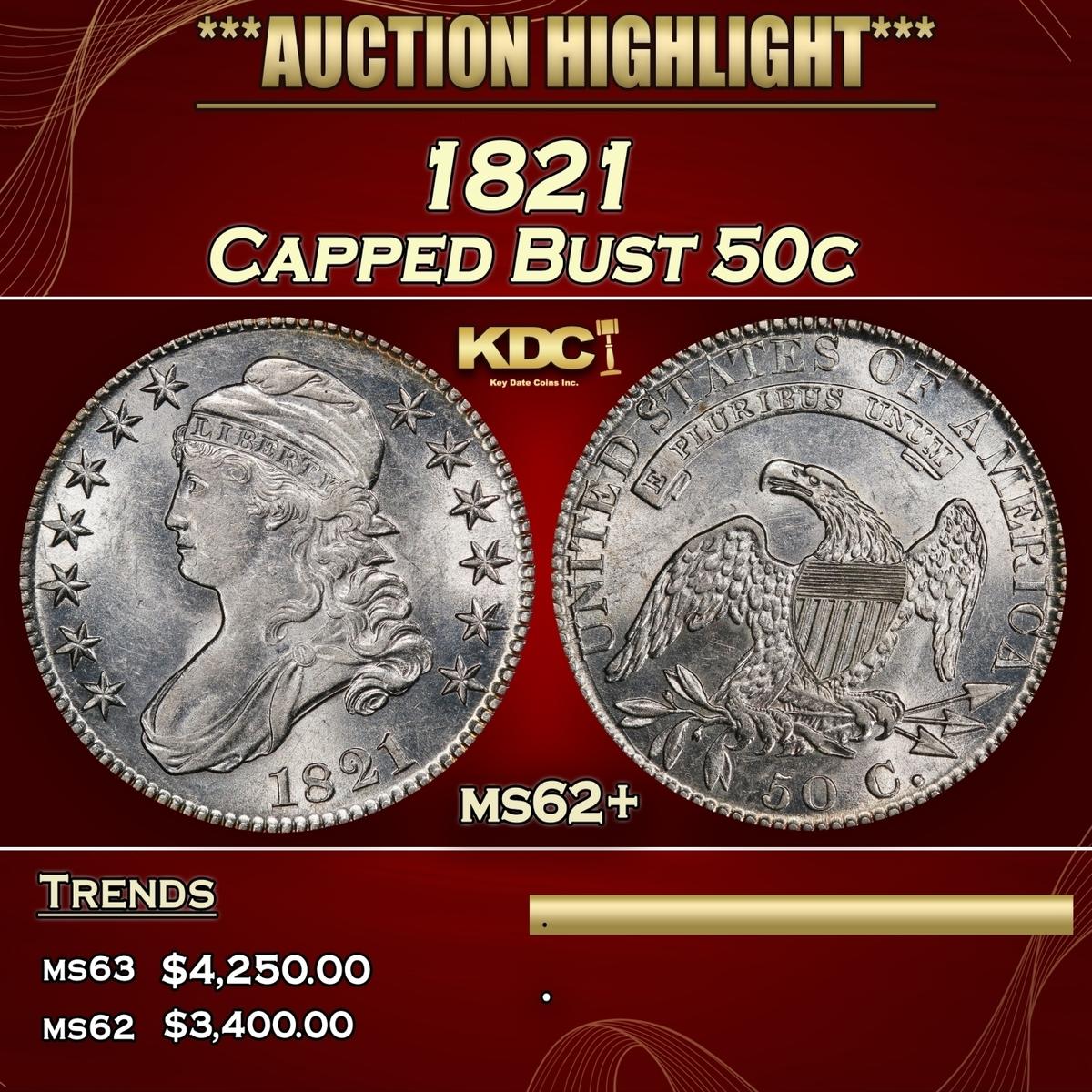 1821 Capped Bust Half Dollar 50c ms62+ USCG