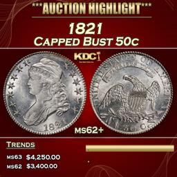 1821 Capped Bust Half Dollar 50c ms62+ USCG