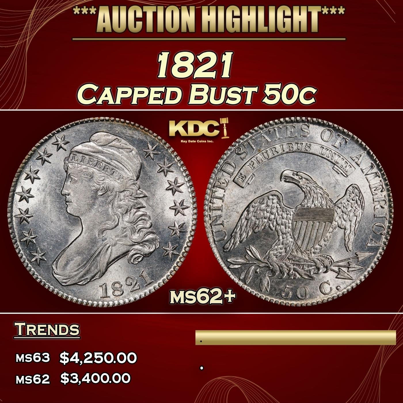 1821 Capped Bust Half Dollar 50c ms62+ USCG