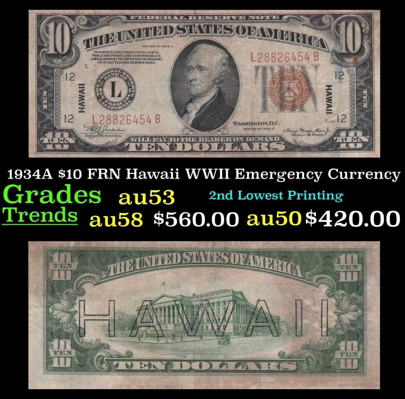 1934A $10 FRN Hawaii WWII Emergency Currency Grades Select AU