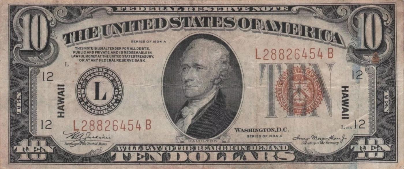 1934A $10 FRN Hawaii WWII Emergency Currency Grades Select AU