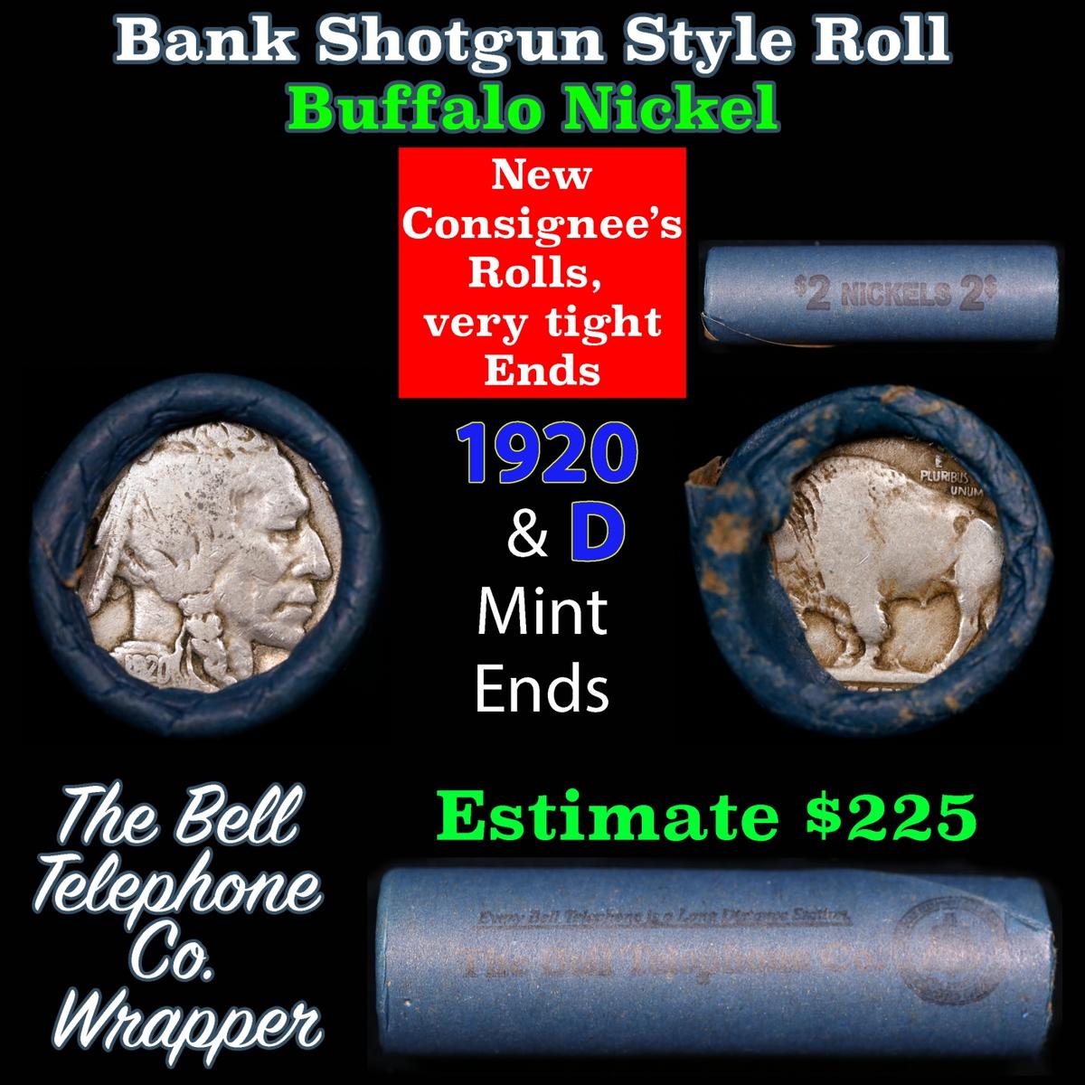 Buffalo Nickel Shotgun Roll in Old Bank Style 'Bell Telephone' Wrapper 1920 & d Mint Ends