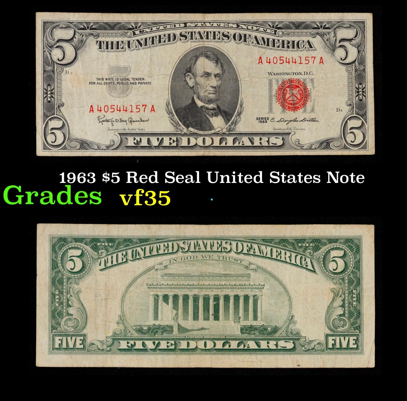 1963 $5 Red Seal United States Note Grades vf++