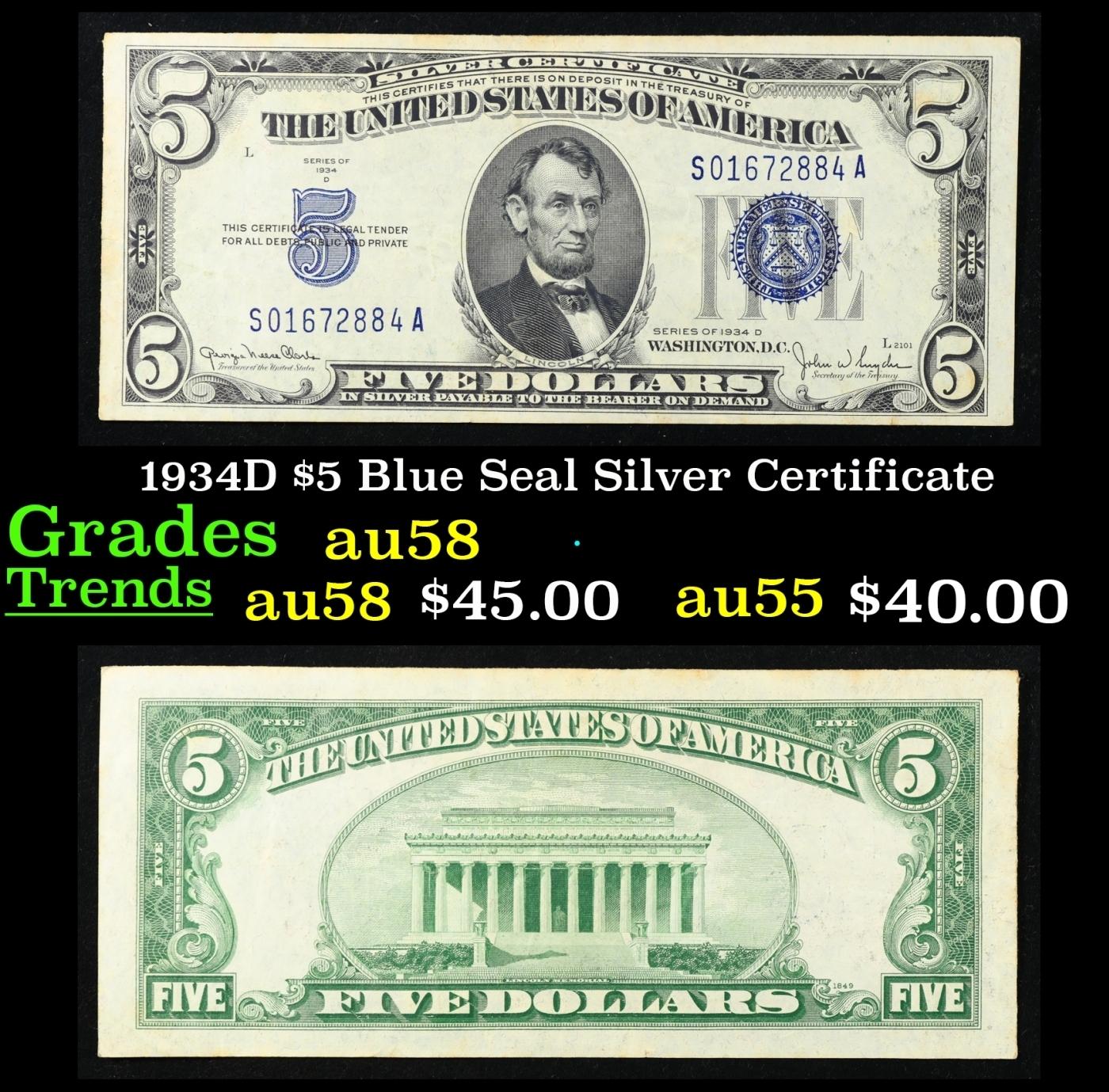 1934D $5 Blue Seal Silver Certificate Grades Choice AU/BU Slider
