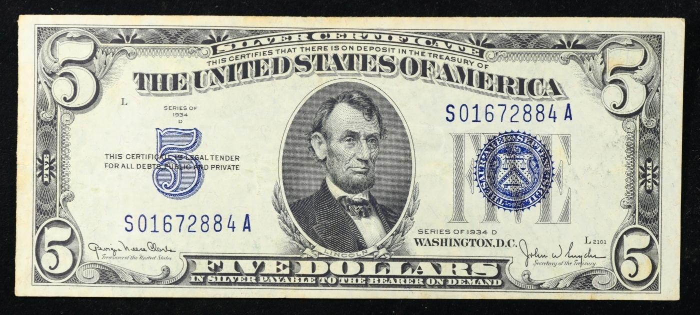 1934D $5 Blue Seal Silver Certificate Grades Choice AU/BU Slider