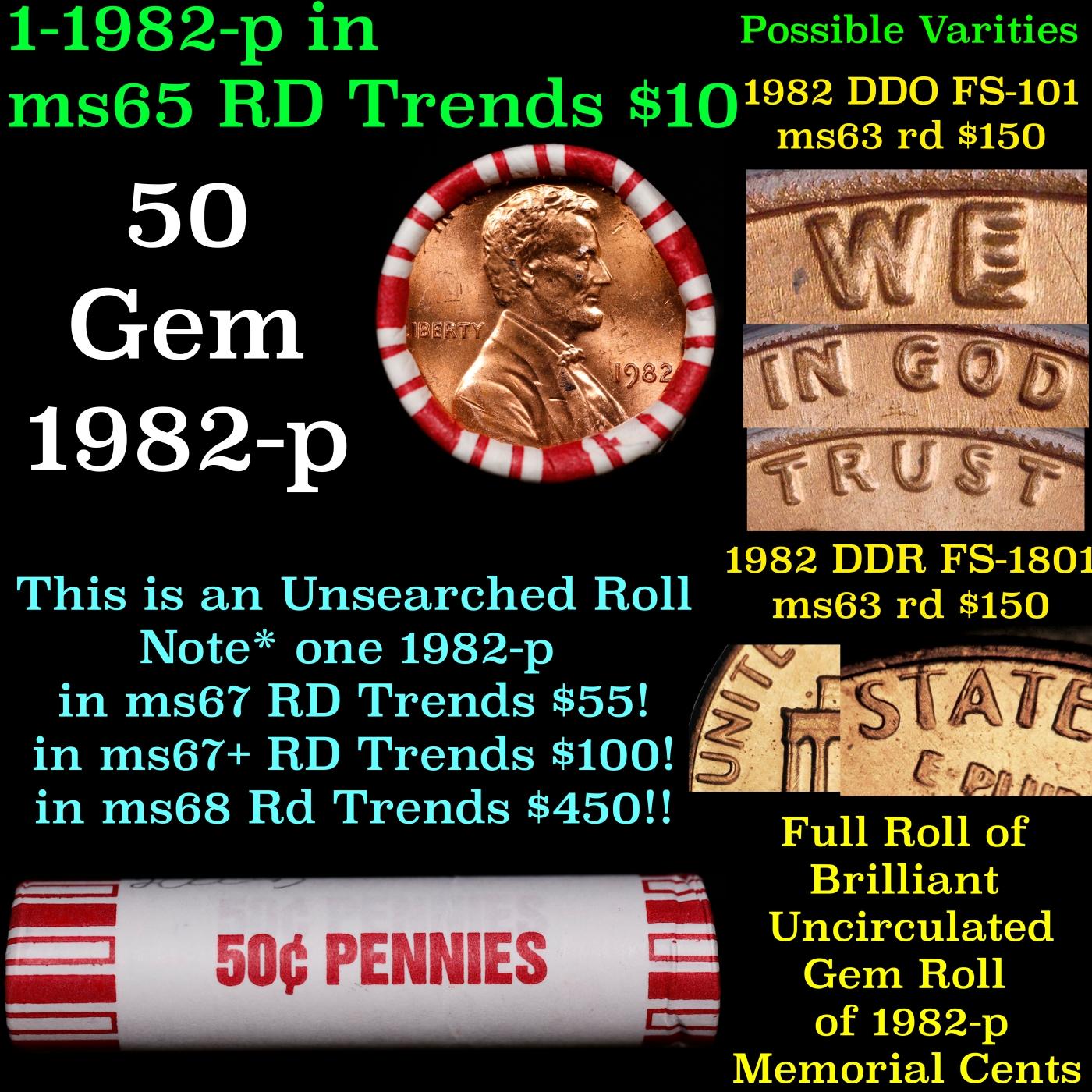 BU Shotgun Lincoln 1c roll, 1982-p 50 pcs Bank Wrapper 50c