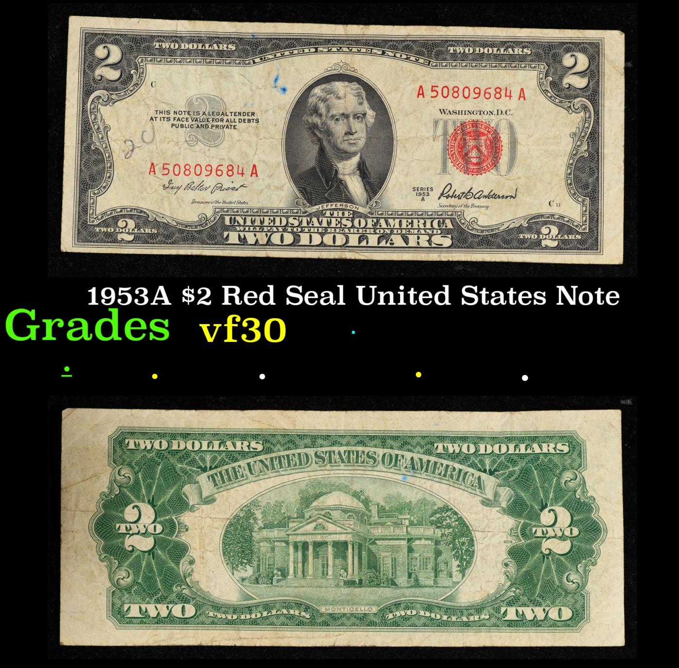 1953A $2 Red Seal United States Note Grades vf++