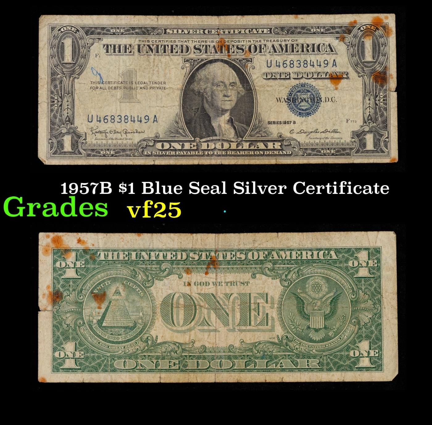 1957B $1 Blue Seal Silver Certificate Grades vf+
