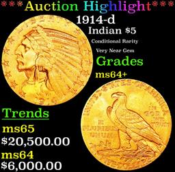*Highlight* 1914-d Gold Indian Half Eagle $5 Choice+ Unc USCG (fc)