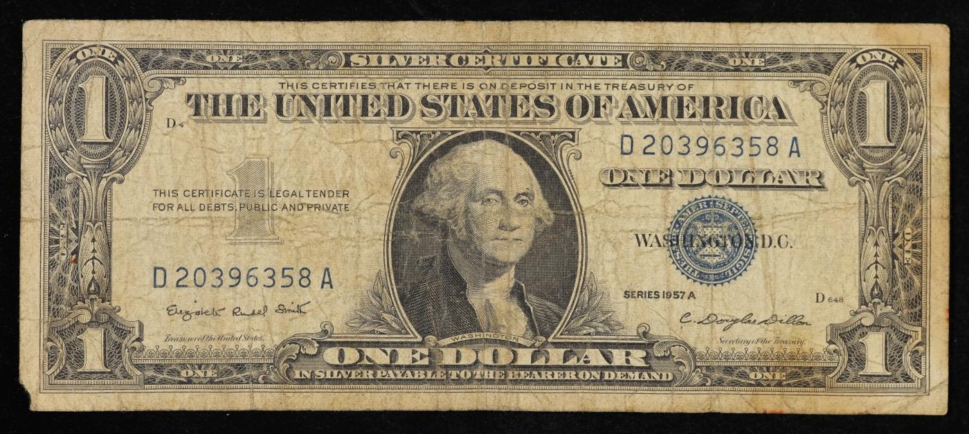 1957A $1 Blue Seal Silver Certificate Grades vf+