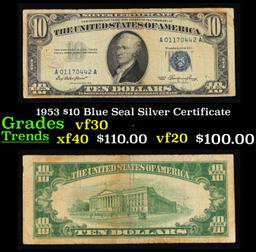 1953 $10 Blue Seal Silver Certificate Grades vf++