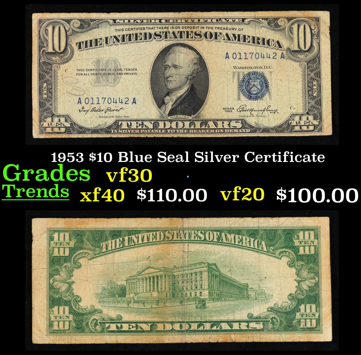 1953 $10 Blue Seal Silver Certificate Grades vf++