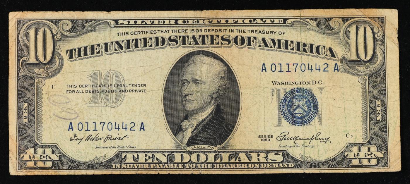 1953 $10 Blue Seal Silver Certificate Grades vf++