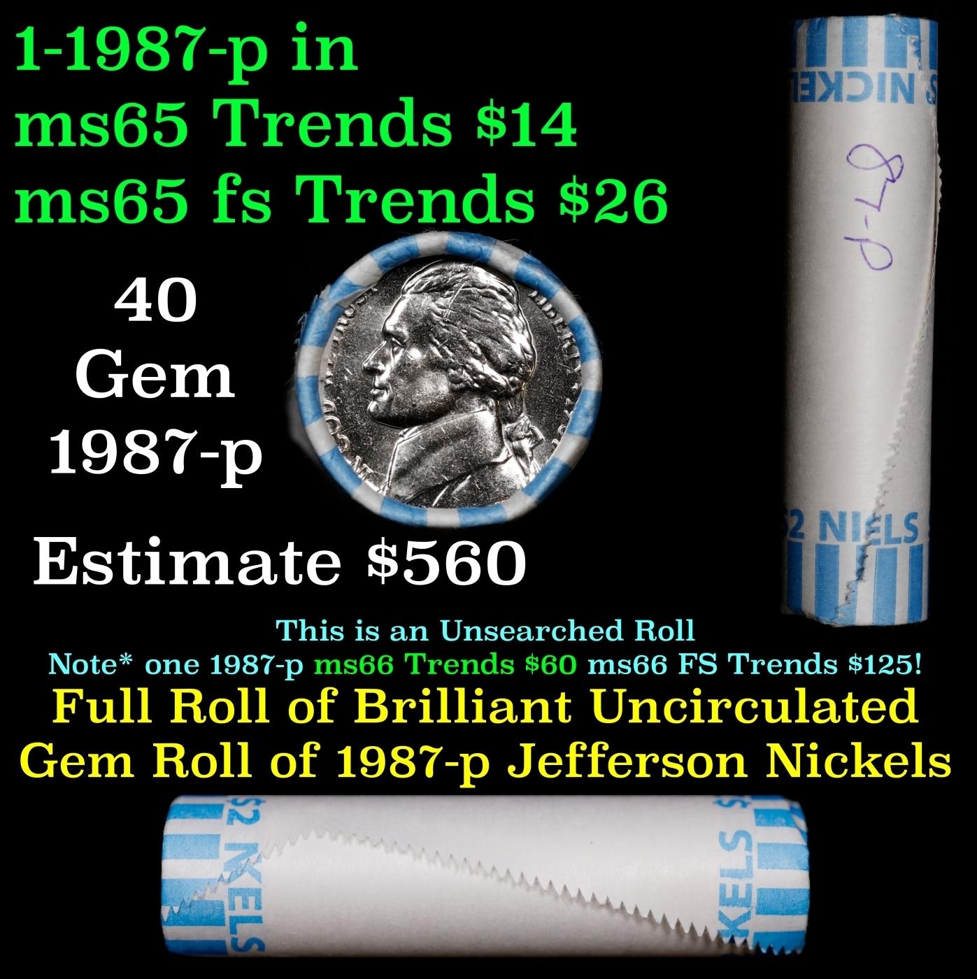 BU Shotgun Jefferson 5c roll, 1987-p 40 pcs Bank $2 Nickel Wrapper