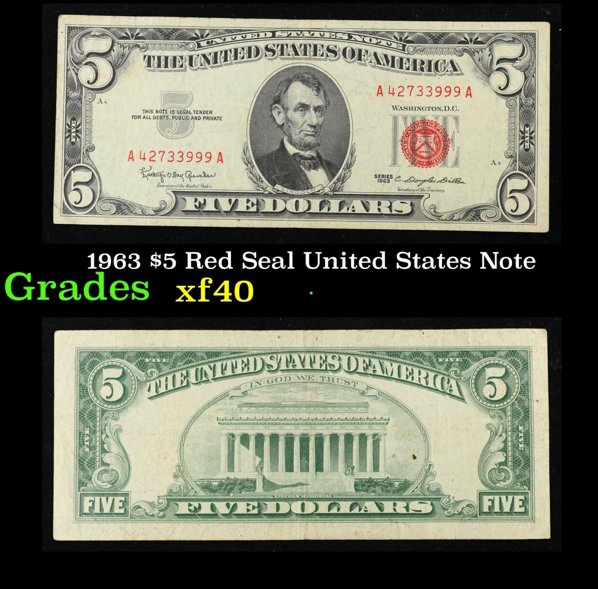1963 $5 Red Seal United States Note Grades xf
