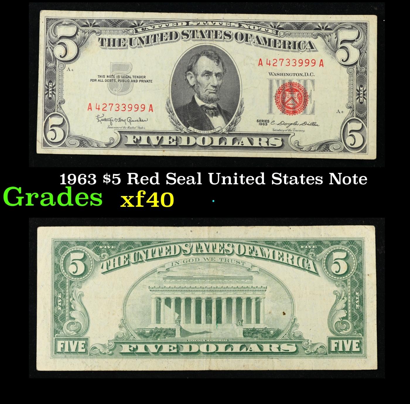 1963 $5 Red Seal United States Note Grades xf