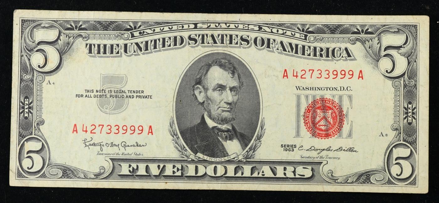 1963 $5 Red Seal United States Note Grades xf