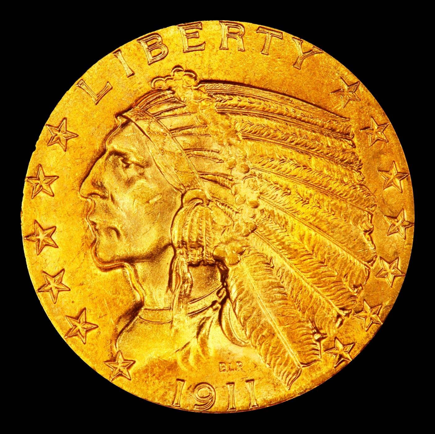 *Highlight* 1911-p Gold Indian Half Eagle $5 Choice+ Unc USCG (fc)