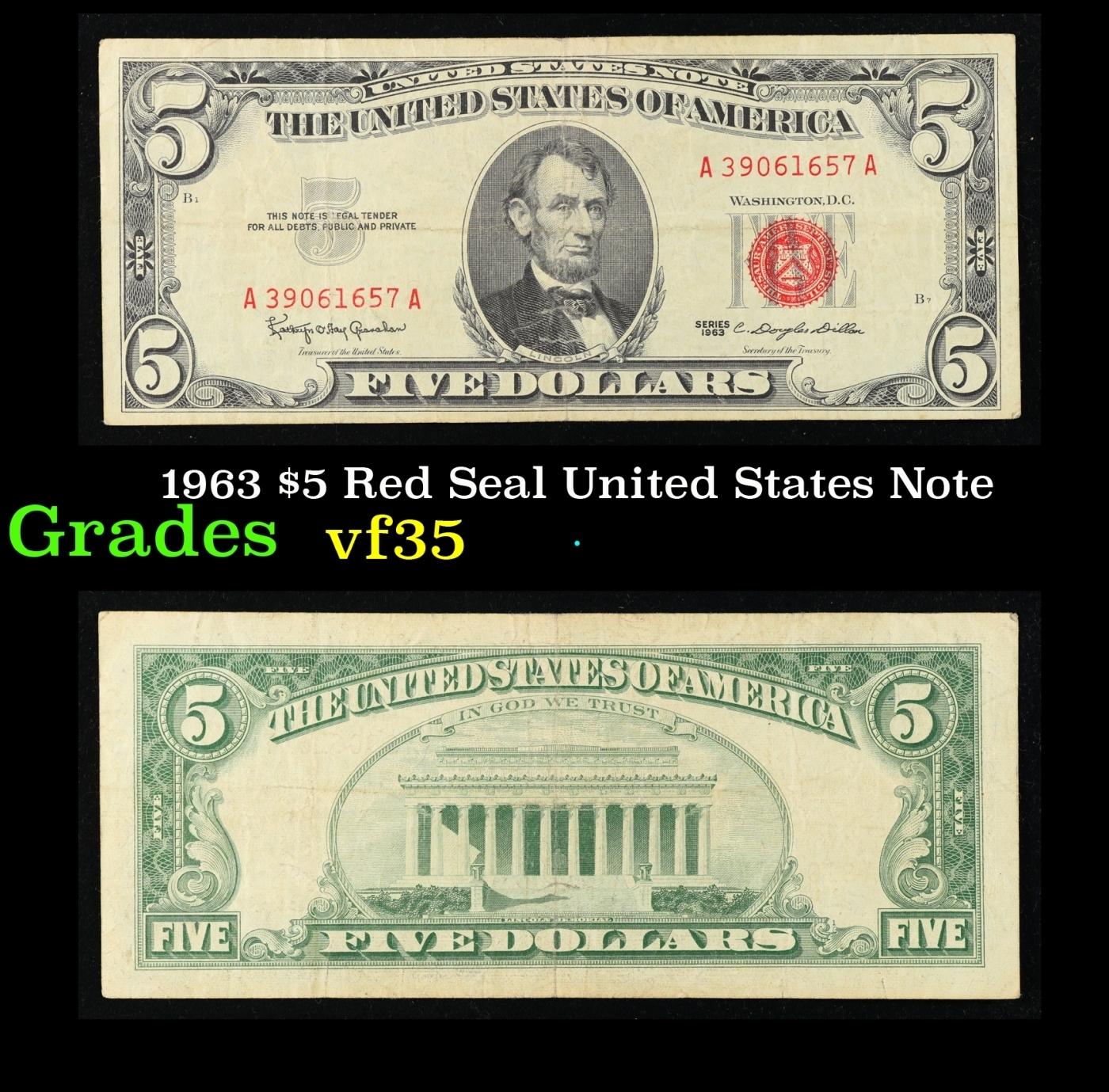 1963 $5 Red Seal United States Note Grades vf++