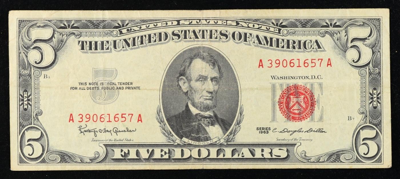 1963 $5 Red Seal United States Note Grades vf++