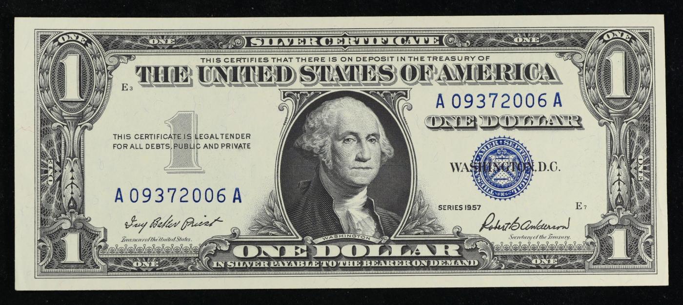 1957 $1 Blue Seal Silver Certificate Grades Choice CU
