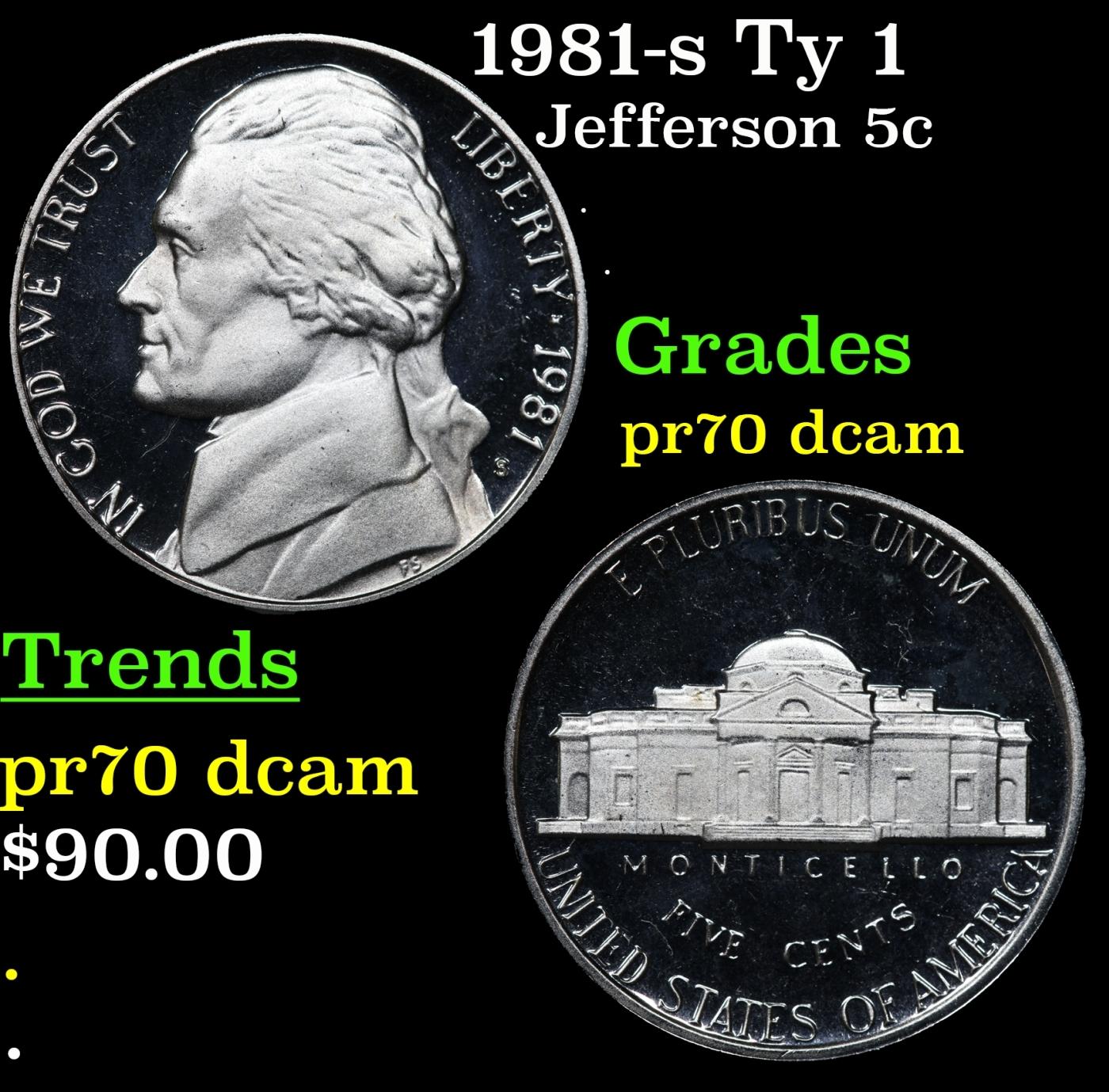 1981-s Ty 1 Proof Jefferson Nickel 5c pr70 dcam SEGS
