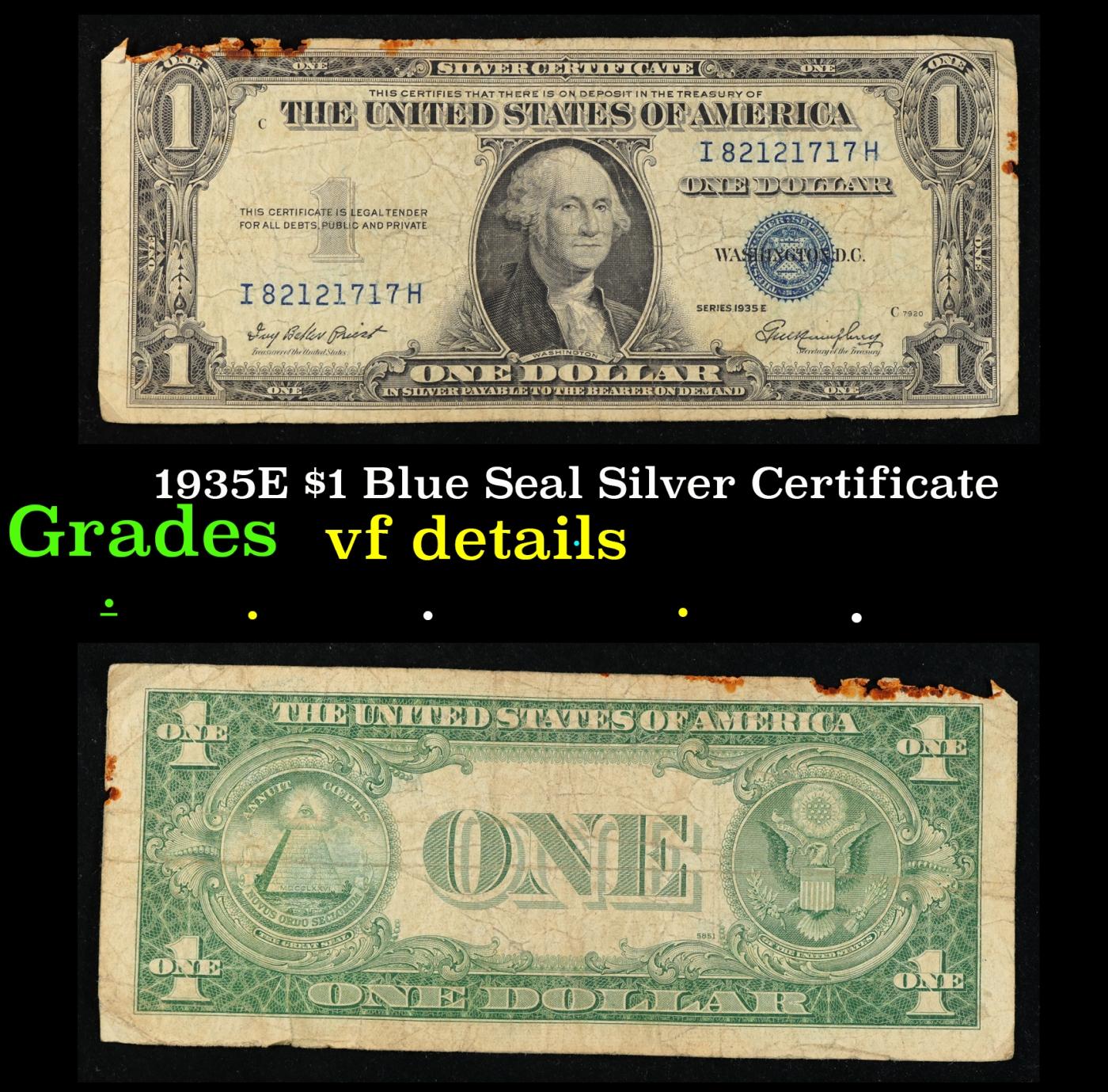 1935E $1 Blue Seal Silver Certificate Grades vf details