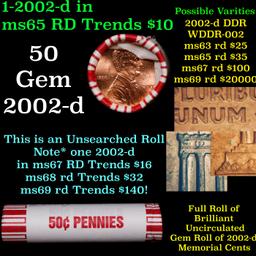 BU Shotgun Lincoln 1c roll, 2002-d 50 pcs Bank Wrapper 50c