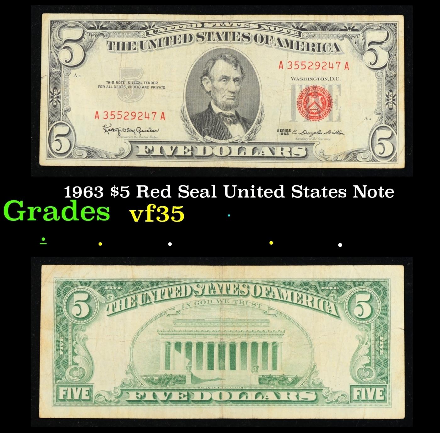 1963 $5 Red Seal United States Note Grades vf++