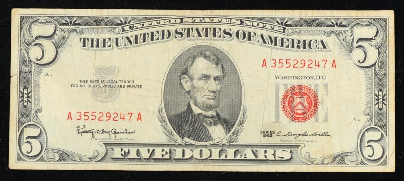 1963 $5 Red Seal United States Note Grades vf++