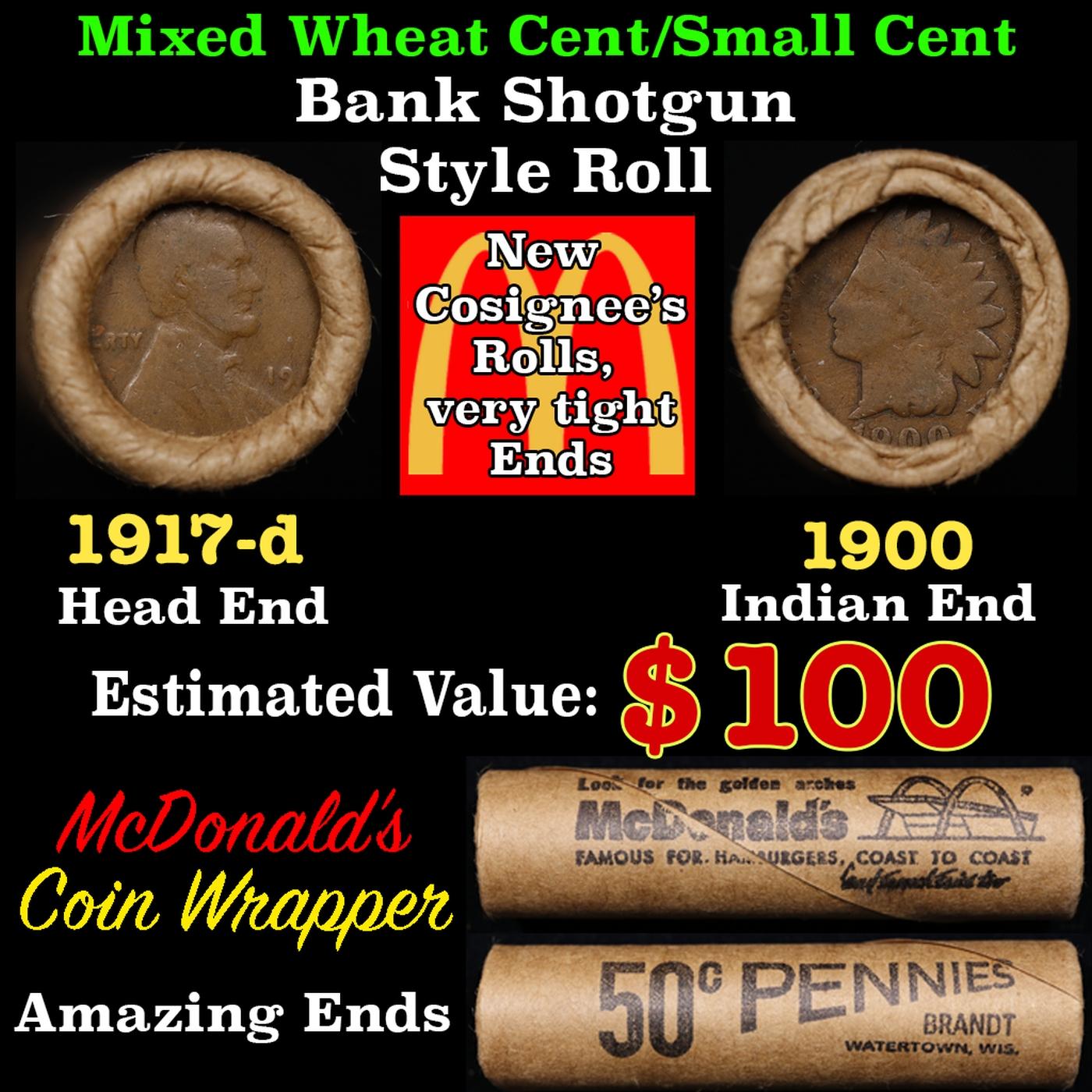 Small Cent Mixed Roll Orig Brandt McDonalds Wrapper, 1917-d Lincoln Wheat end, 1900 Indian other end