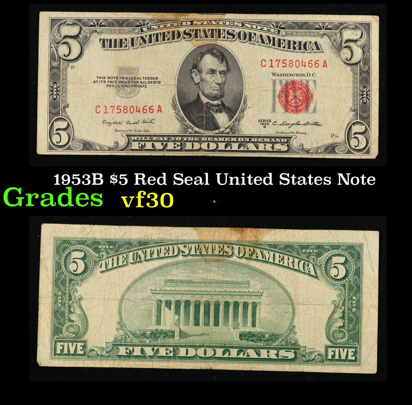 1953B $5 Red Seal United States Note Grades vf++