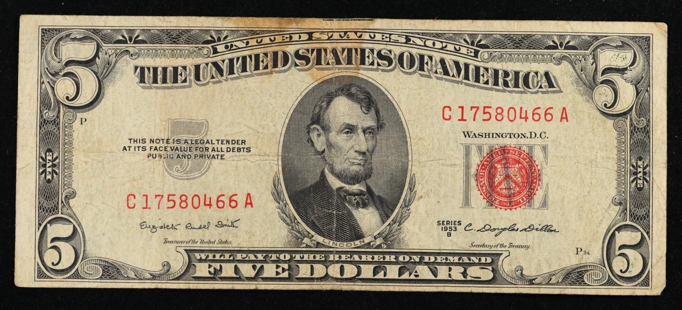 1953B $5 Red Seal United States Note Grades vf++