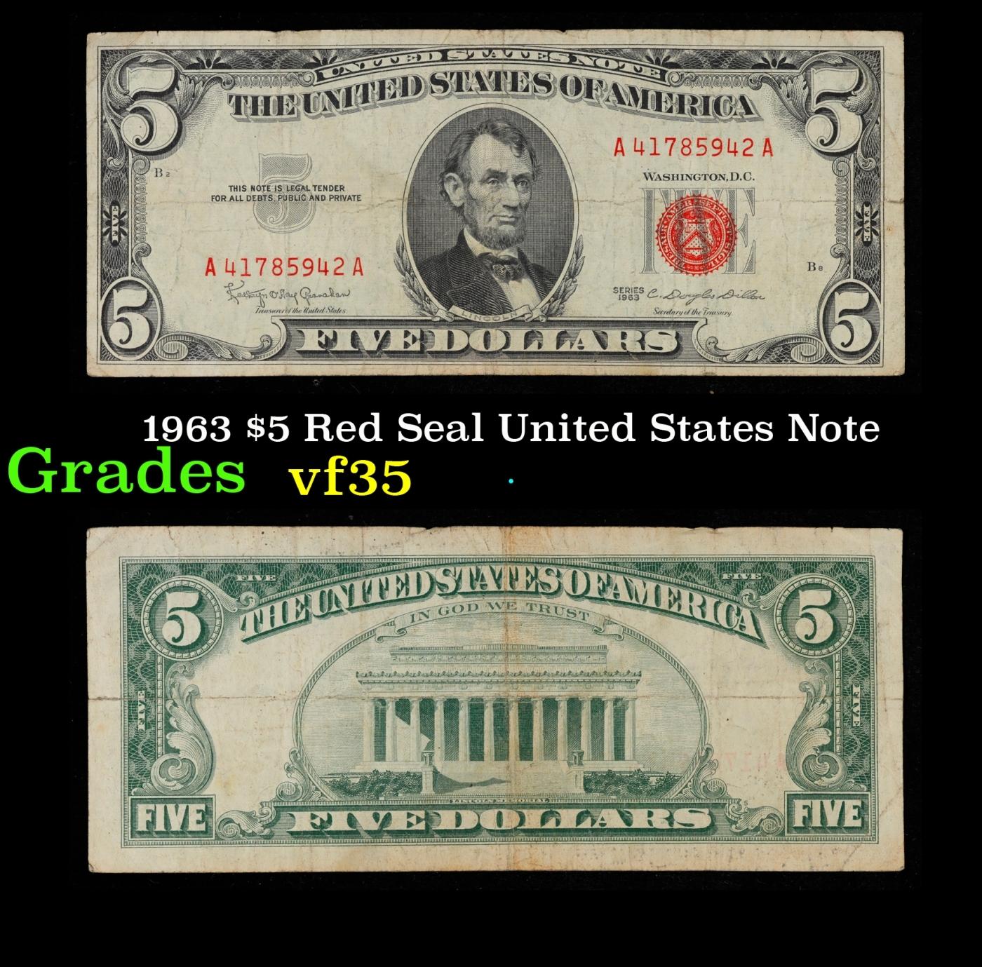 1963 $5 Red Seal United States Note Grades vf++