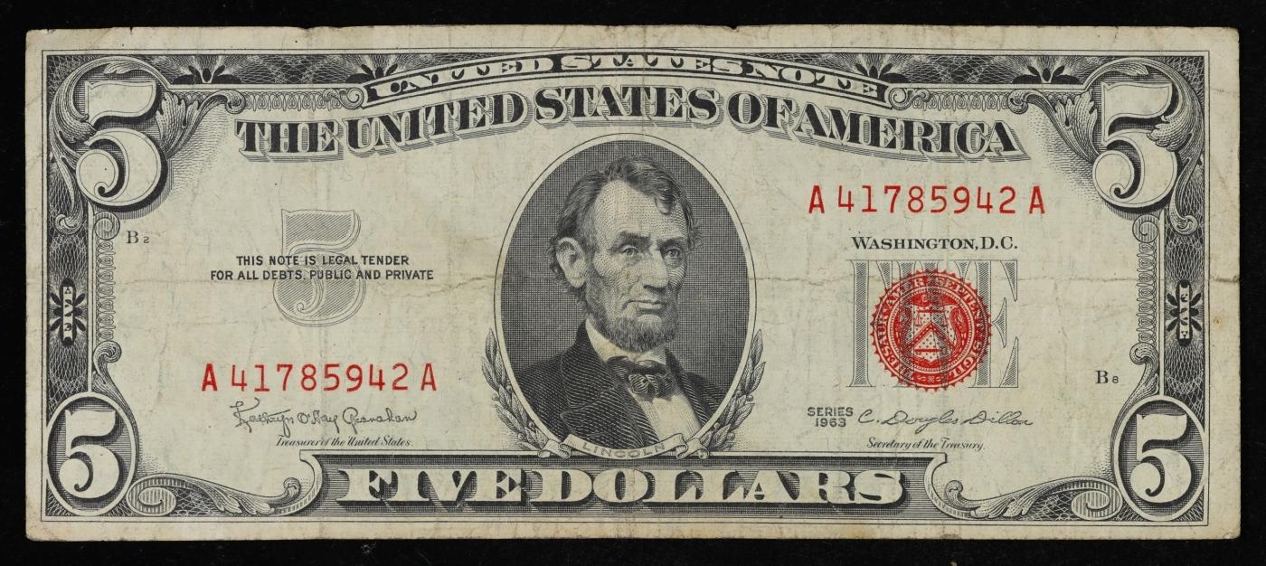 1963 $5 Red Seal United States Note Grades vf++