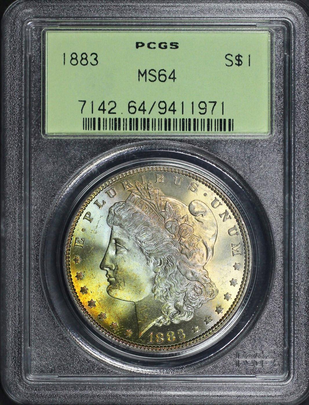 PCGS 1883-p Morgan Dollar OGH Rainbow Toned 1 ms64 PCGS