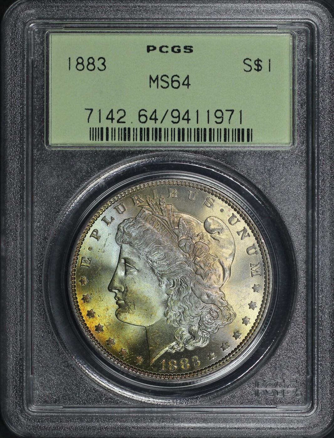 PCGS 1883-p Morgan Dollar OGH Rainbow Toned 1 ms64 PCGS