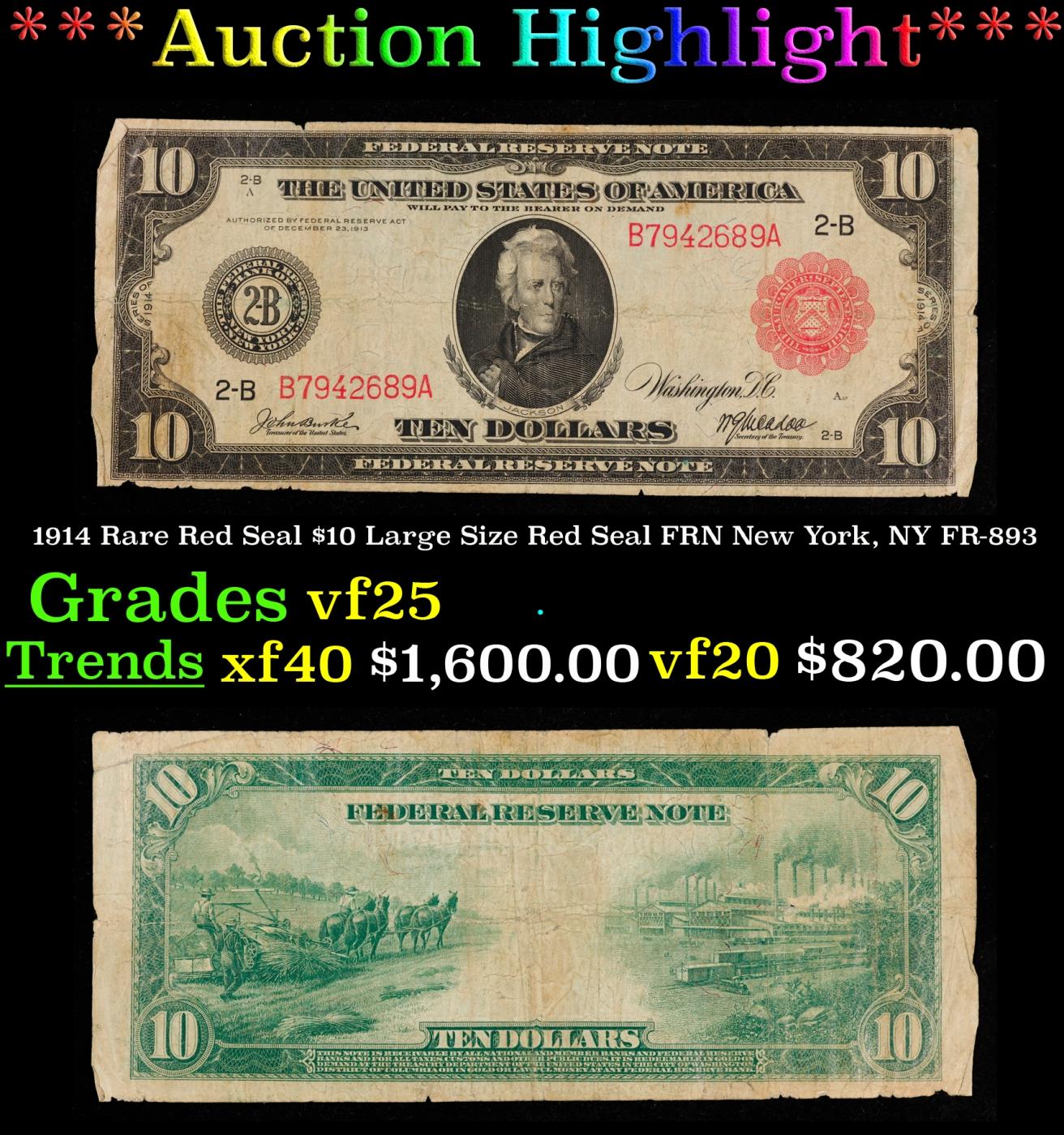 1914 $10 Large Size Red Seal FRN Rare Red Seal New York, NY Grades vf+ FR-893