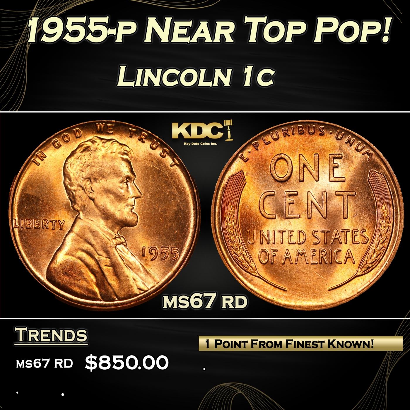 1955-p Lincoln Cent Near Top Pop! 1c ms67 rd USCG