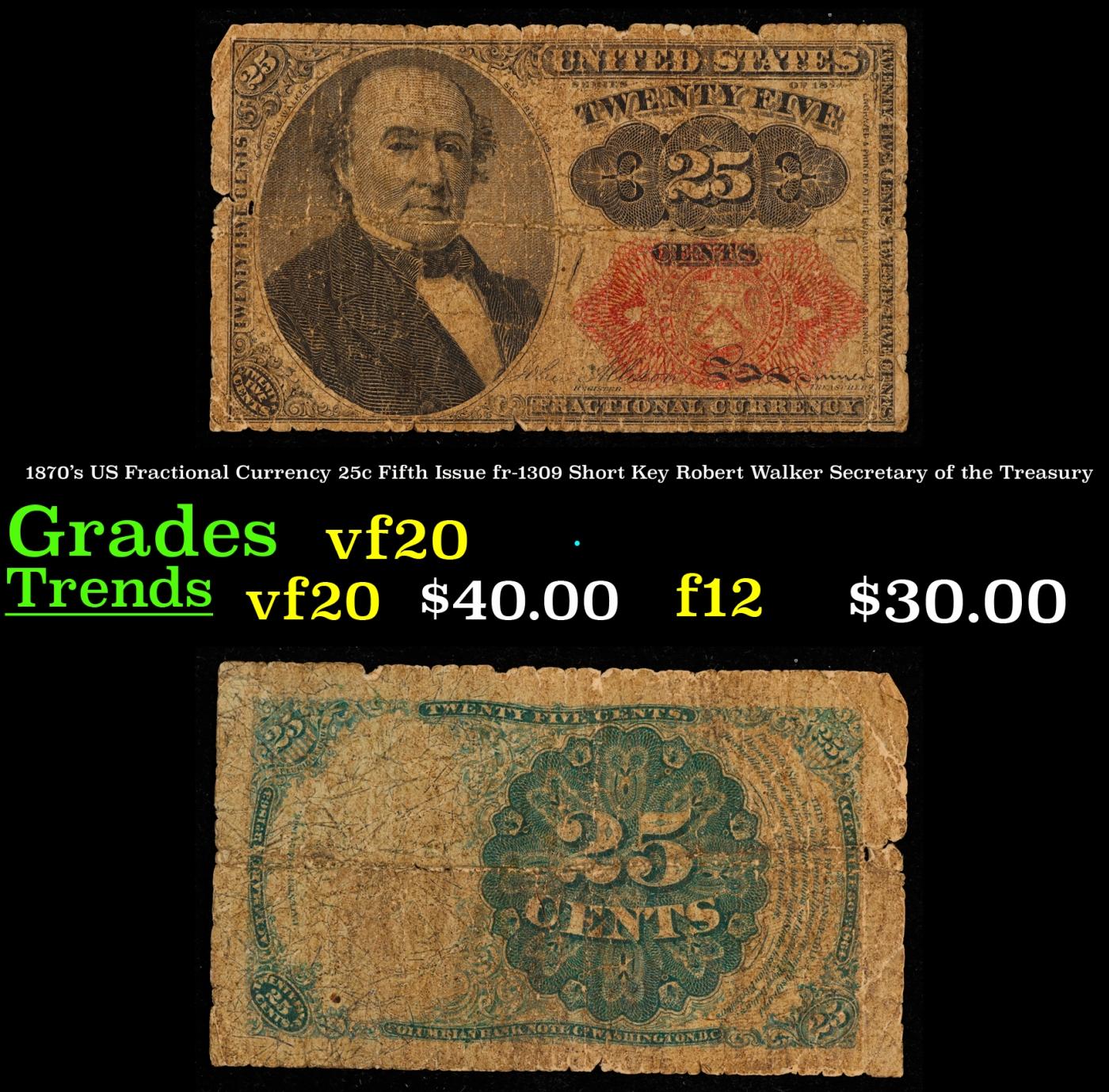 1870's US Fractional Currency 25c Fifth Issue fr-1309 Short Key Robert Walker Secretary of the Treas