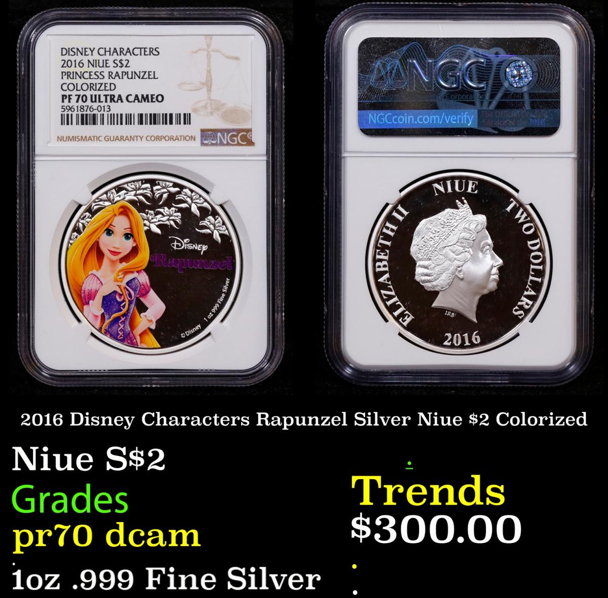 NGC 2016 Disney Characters Rapunzel Silver Niue $2 Colorized Proof pr70 dcam NGC