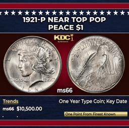1921-p Peace Dollar Near Top Pop $1 ms66 SEGS