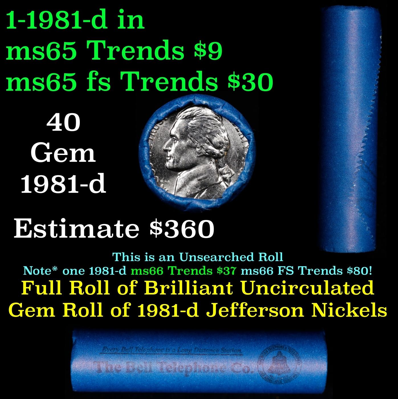 BU Shotgun Jefferson 5c roll, 1987-d 40 pcs Bank $2 Nickel Wrapper