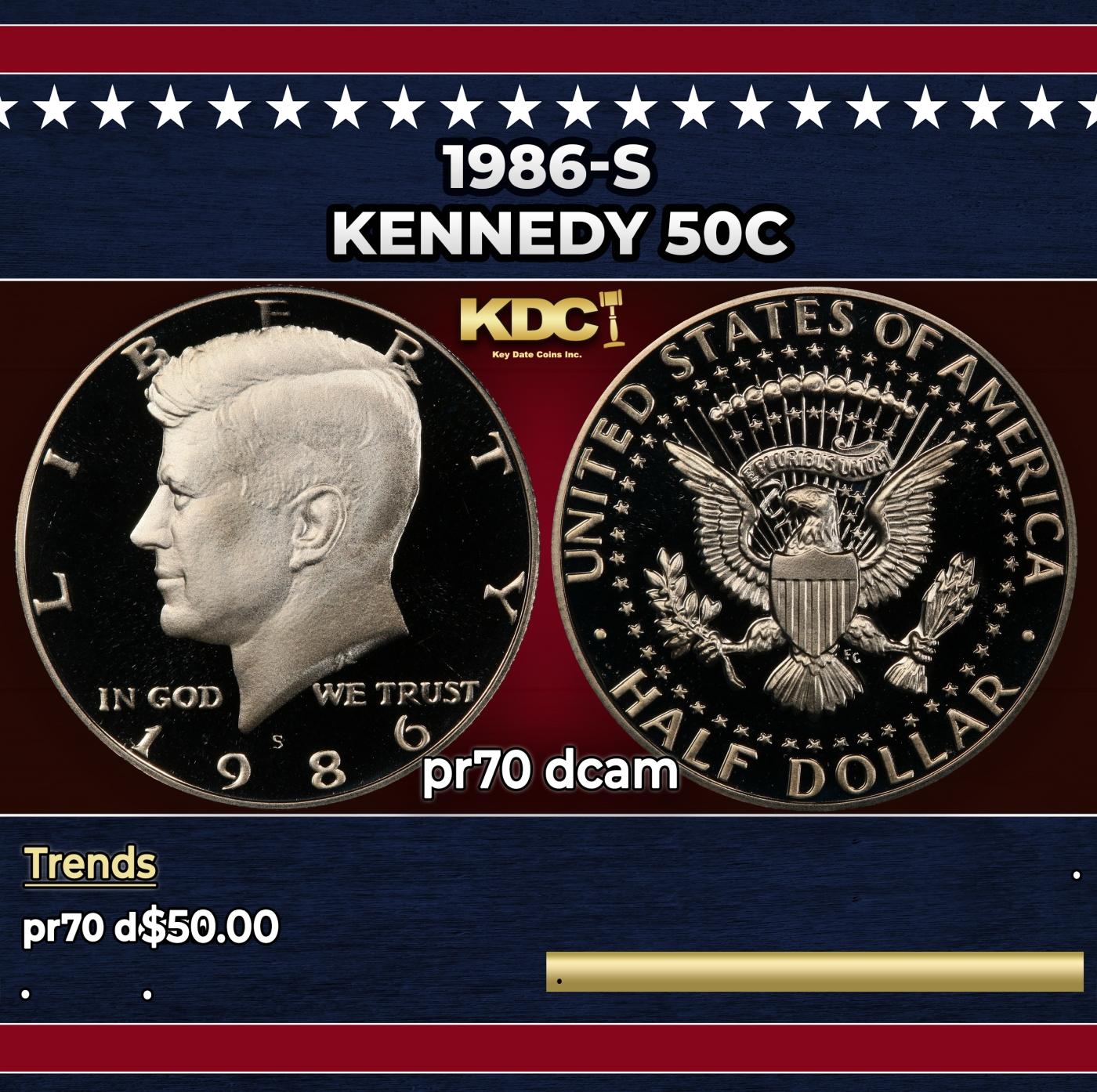 1986-s Proof Kennedy Half Dollar 50c pr70 dcam SEGS