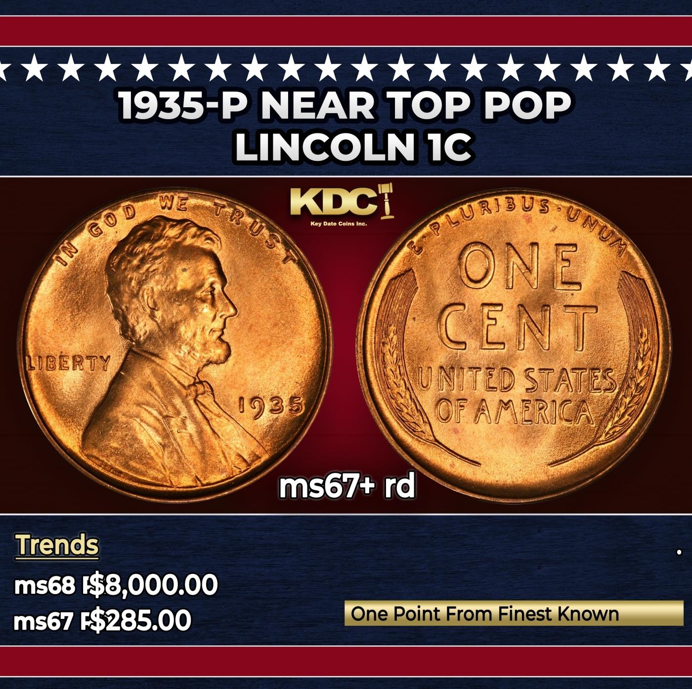1935-p Lincoln Cent Near Top Pop 1c ms67+ rd SEGS