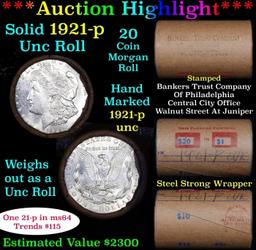 Full solid date 1921-p Uncirculated Morgan silver dollar roll, 20 coins
